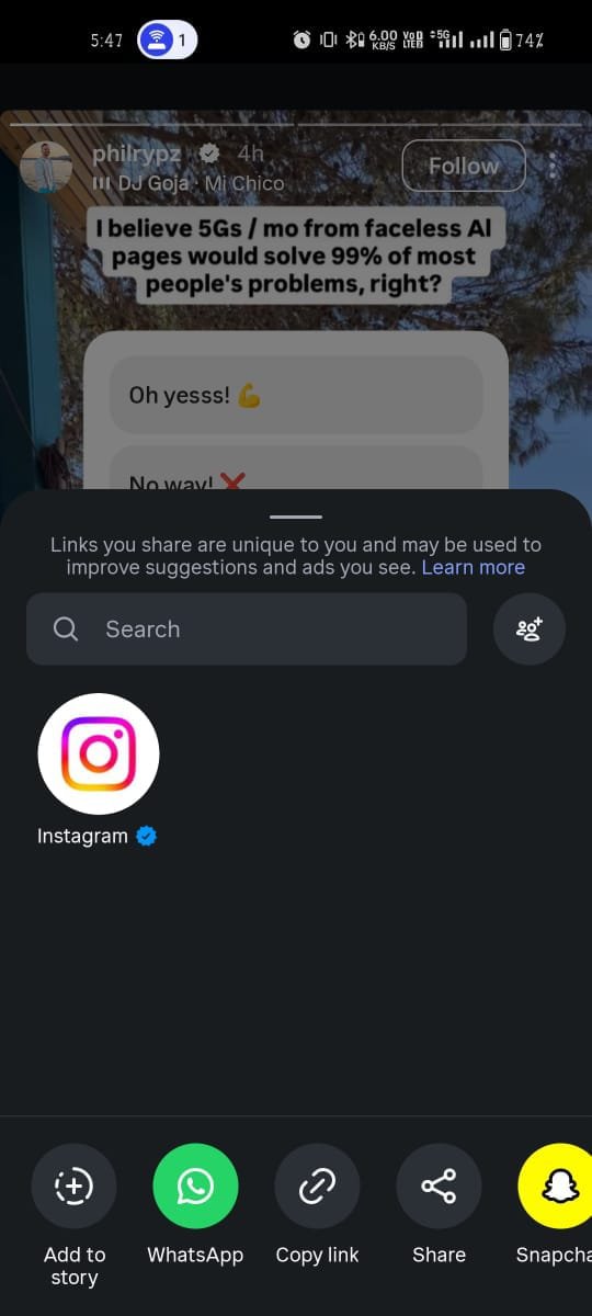 Copy the Instagram story link from the share menu