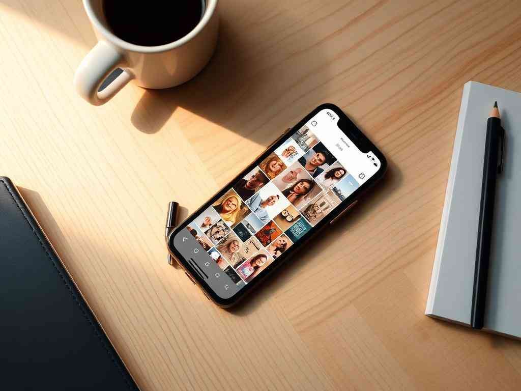 Phone on a desk showing an Instagram photo grid