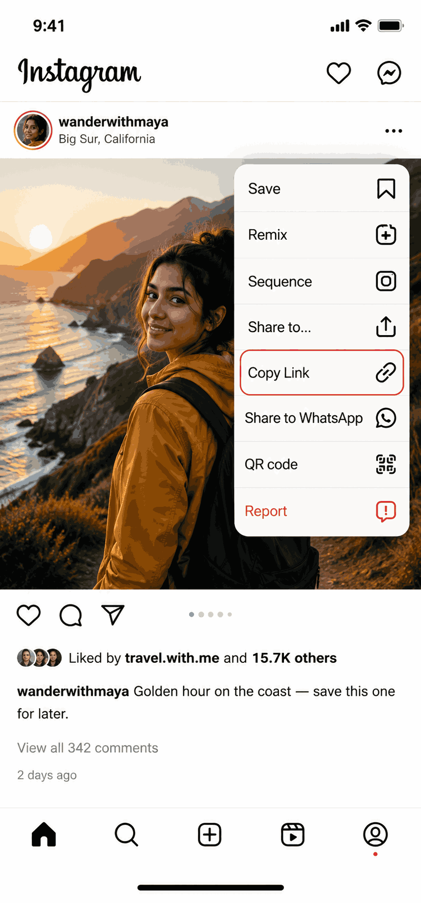 Copy the Instagram link from the share menu