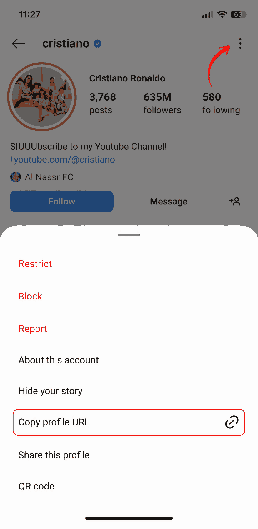 Copy the Instagram link from the share menu
