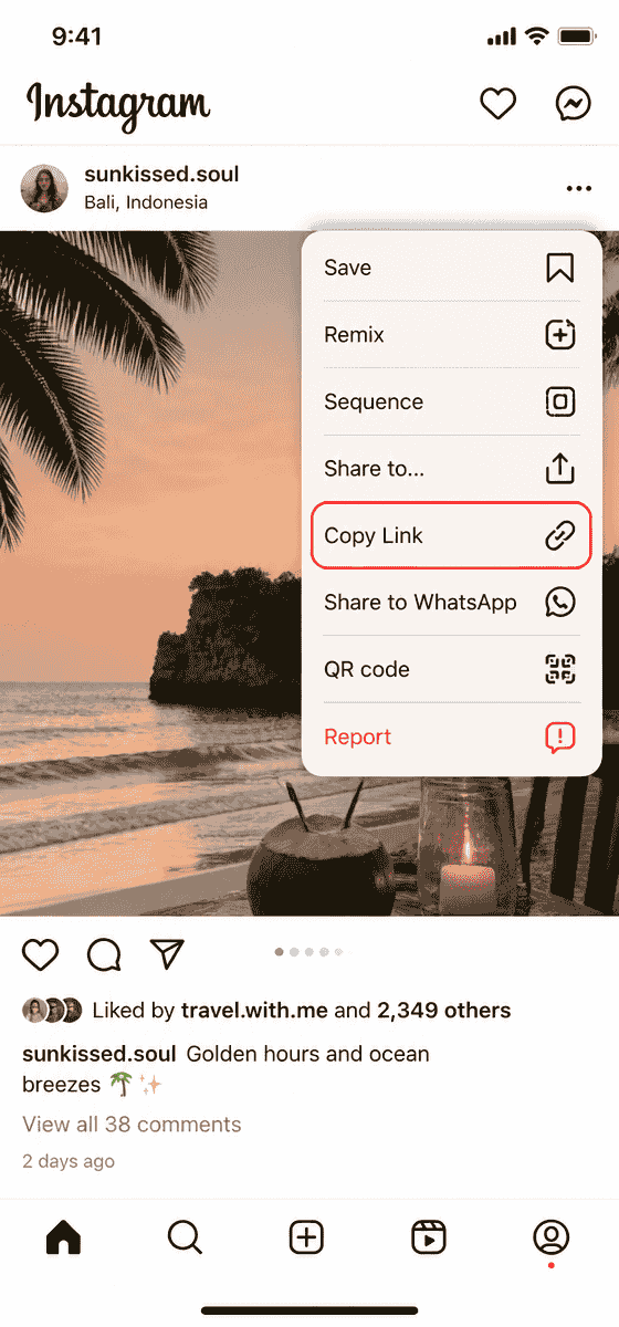 Copy the Instagram link from the share menu