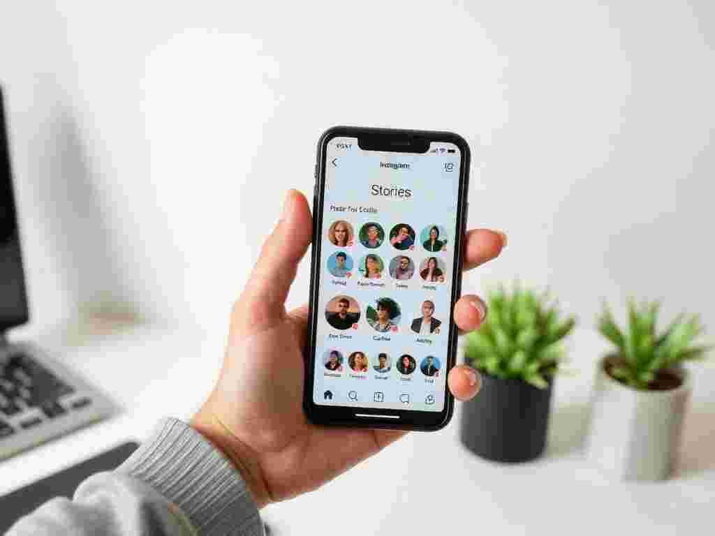 Phone showing an Instagram stories row with profile avatars